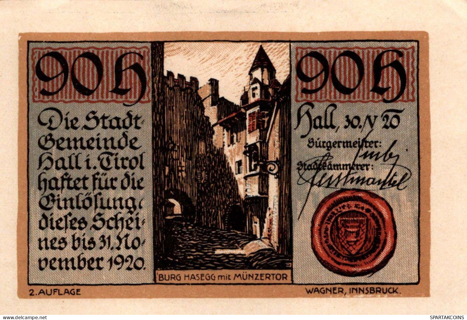 90 HELLER 1920 Stadt HALL Tyrol Österreich Notgeld Papiergeld Banknote #PD584 - [11] Emissioni Locali