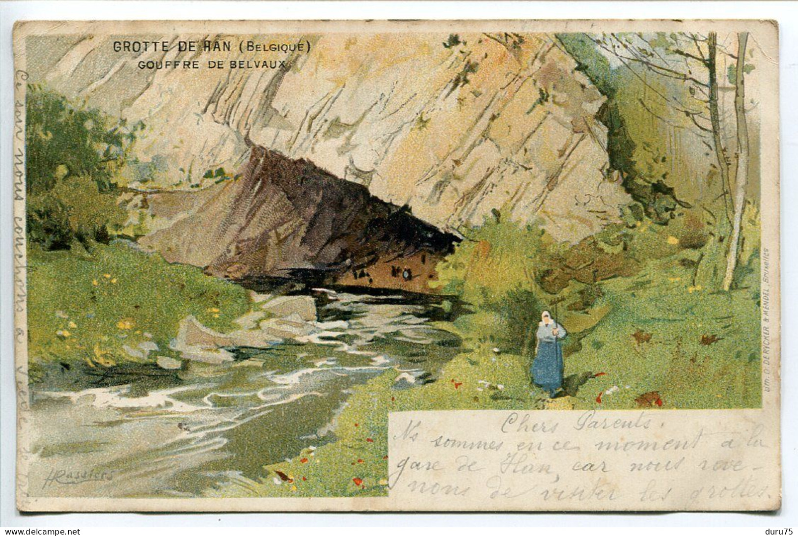 BELGIQUE Pionnière Couleur Illustrateur Voyagé 1901 * Grotte De Han Gouffre De Belvaux ( Animée D'une Femme Au Rateau ) - Rochefort