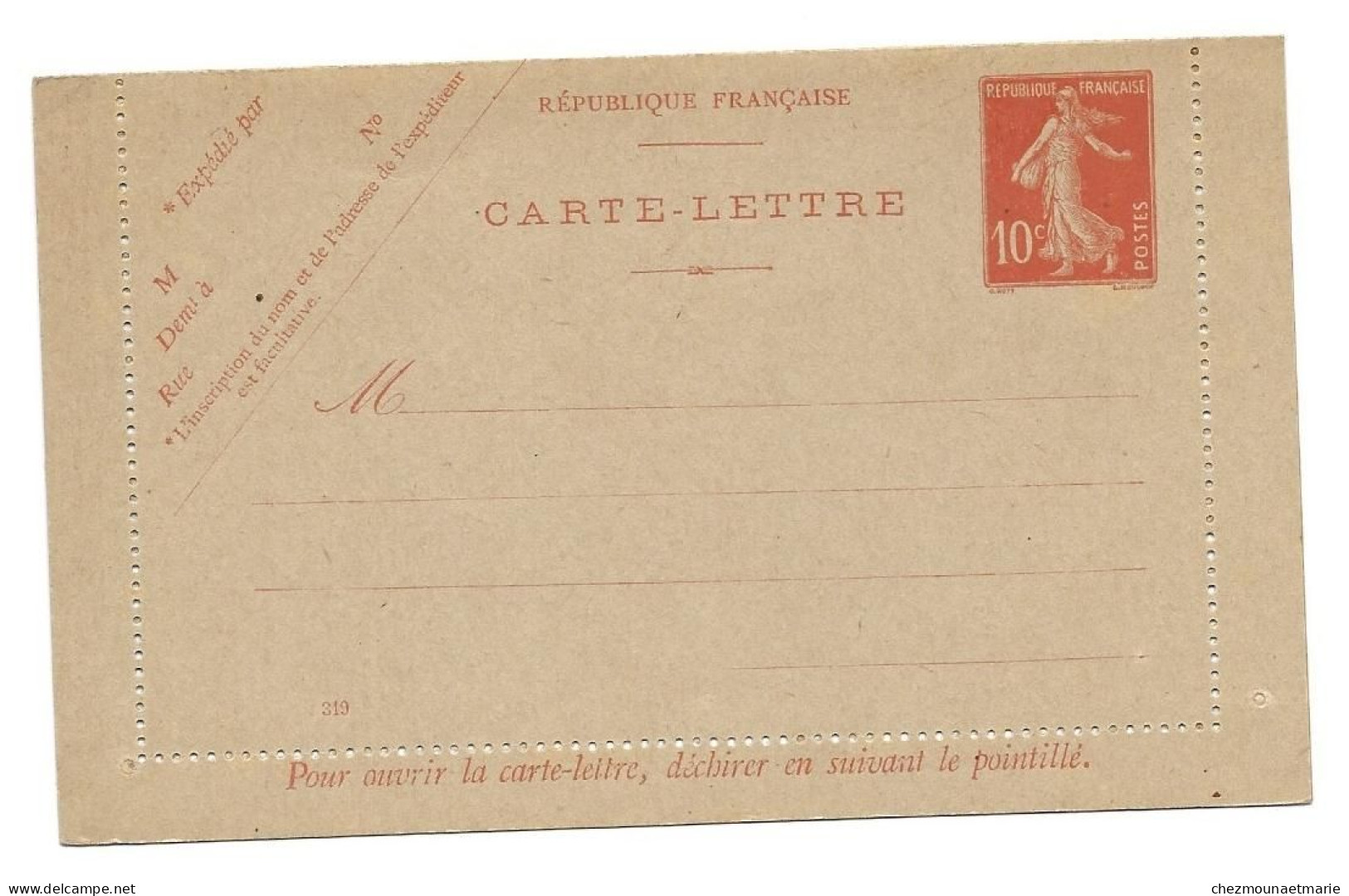 ENTIER CARTE LETTRE N°319 YT 138-E8 10c Semeuse - Neufs