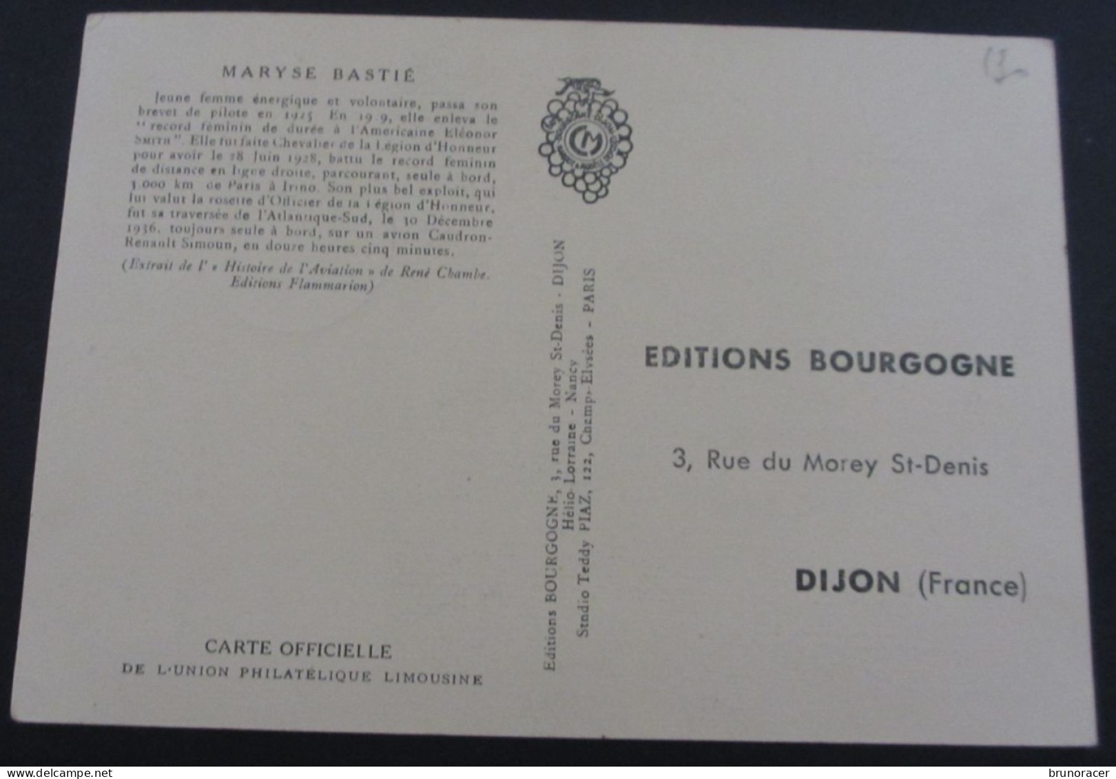 FRANCE CARTE-MAXIMUM POSTE AERIENNE MARYSE BASTIE 1955 ED BOURGOGNE COTE 45 EUROS VOIR SCANS - 1950-1959