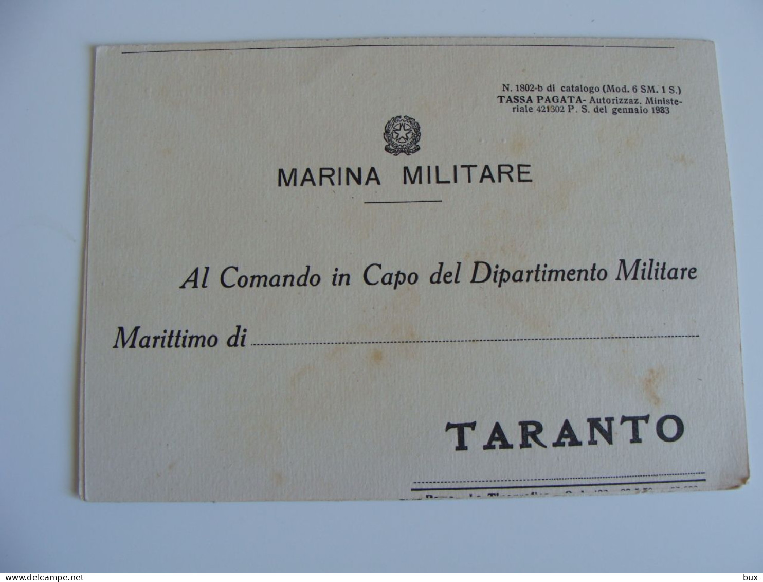 TARANTO COMUNICAZIONE DI SERVIZIO  DOUBLE CARD   MARINA MILITARE  Italiana  VIAGGIATA  °°° - Uniformes