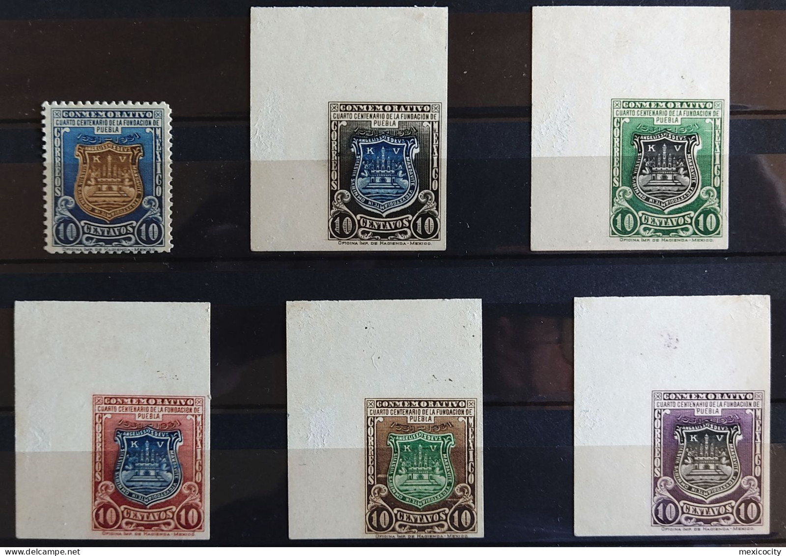 MEXICO 1931 PUEBLA City Anniv. Scott 675 SIX Color Proofs, Engraved, Gummed Ppr., Hinged, Very Rare Thus - Messico