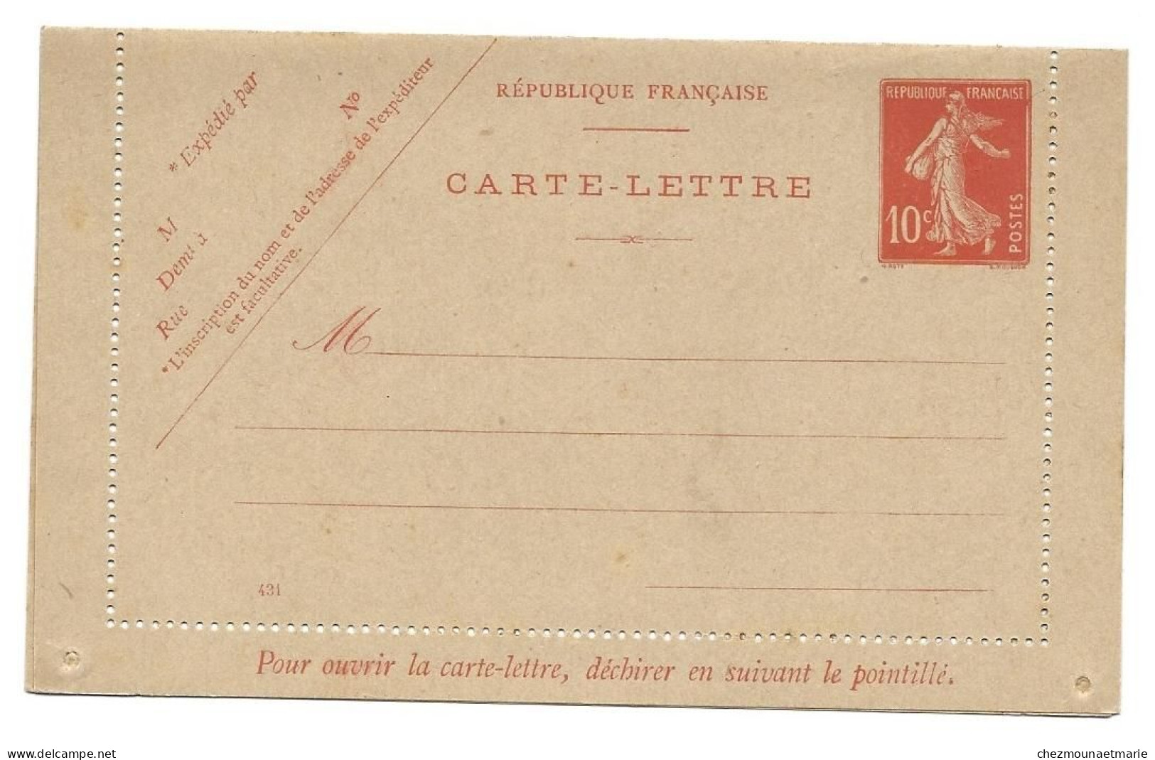 ENTIER CARTE LETTRE N°431 YT 138-E8 10c Semeuse - Nuevos