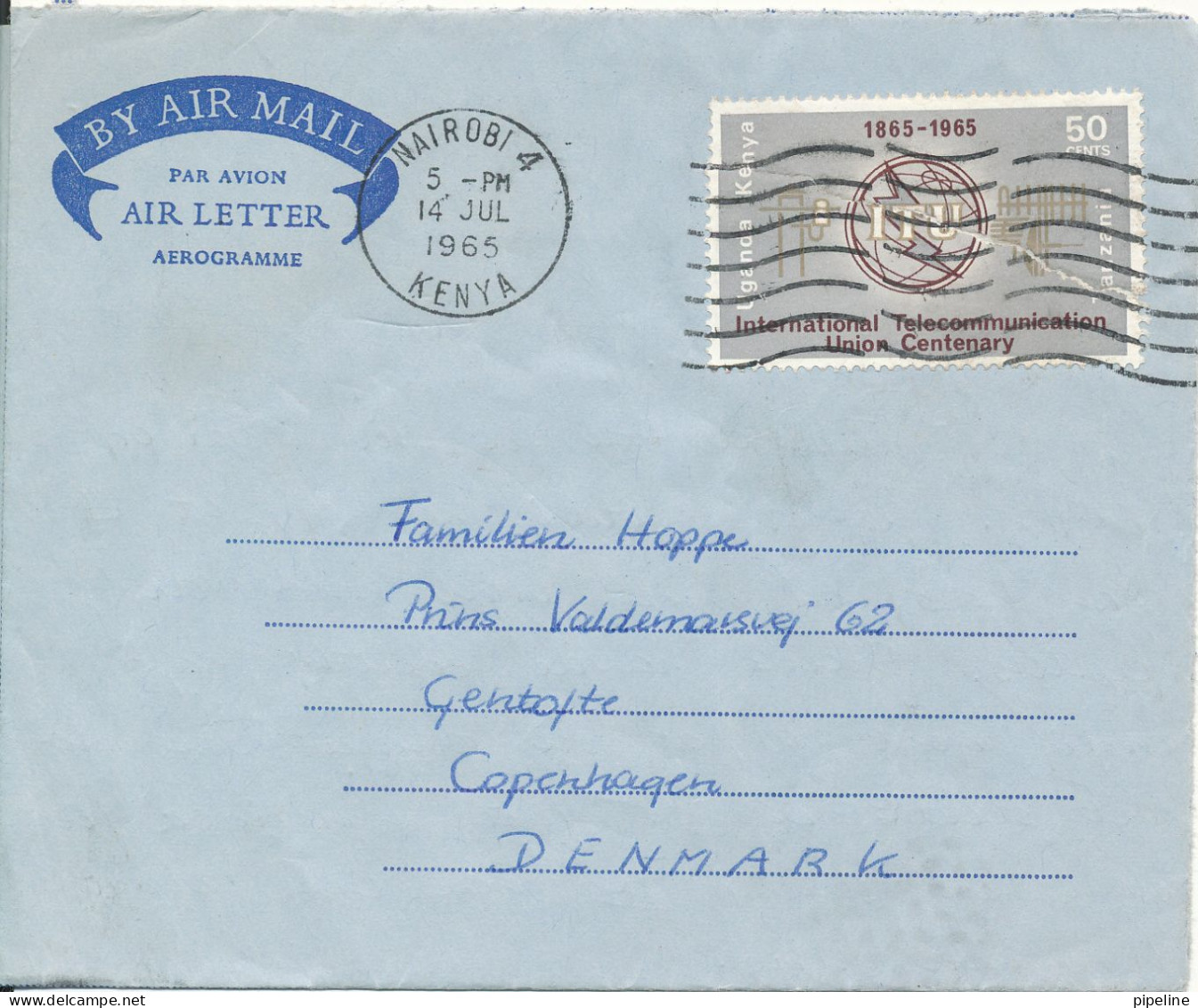 Kenya Aerogramme Sent To Denmark Nairobi 14-7-1965 (the Stamp Is Damaged) - Kenia (1963-...)