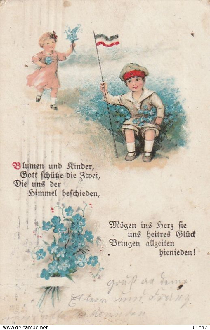 AK Blumen Und Kinder... - Kinder Blumen Uniform Fahne - Patriotika - Ers. Abt. 2. Bay. Tr. Abt. - 1917 (69367) - Groepen Kinderen En Familie