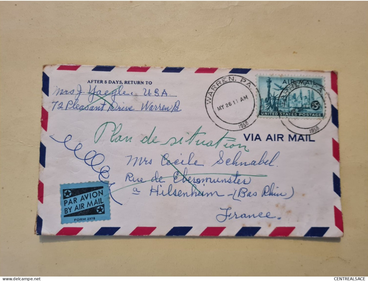 Lettre USA WARREN PA POUR HILSNHEIM 1958 BY AIR MAIL - Other & Unclassified