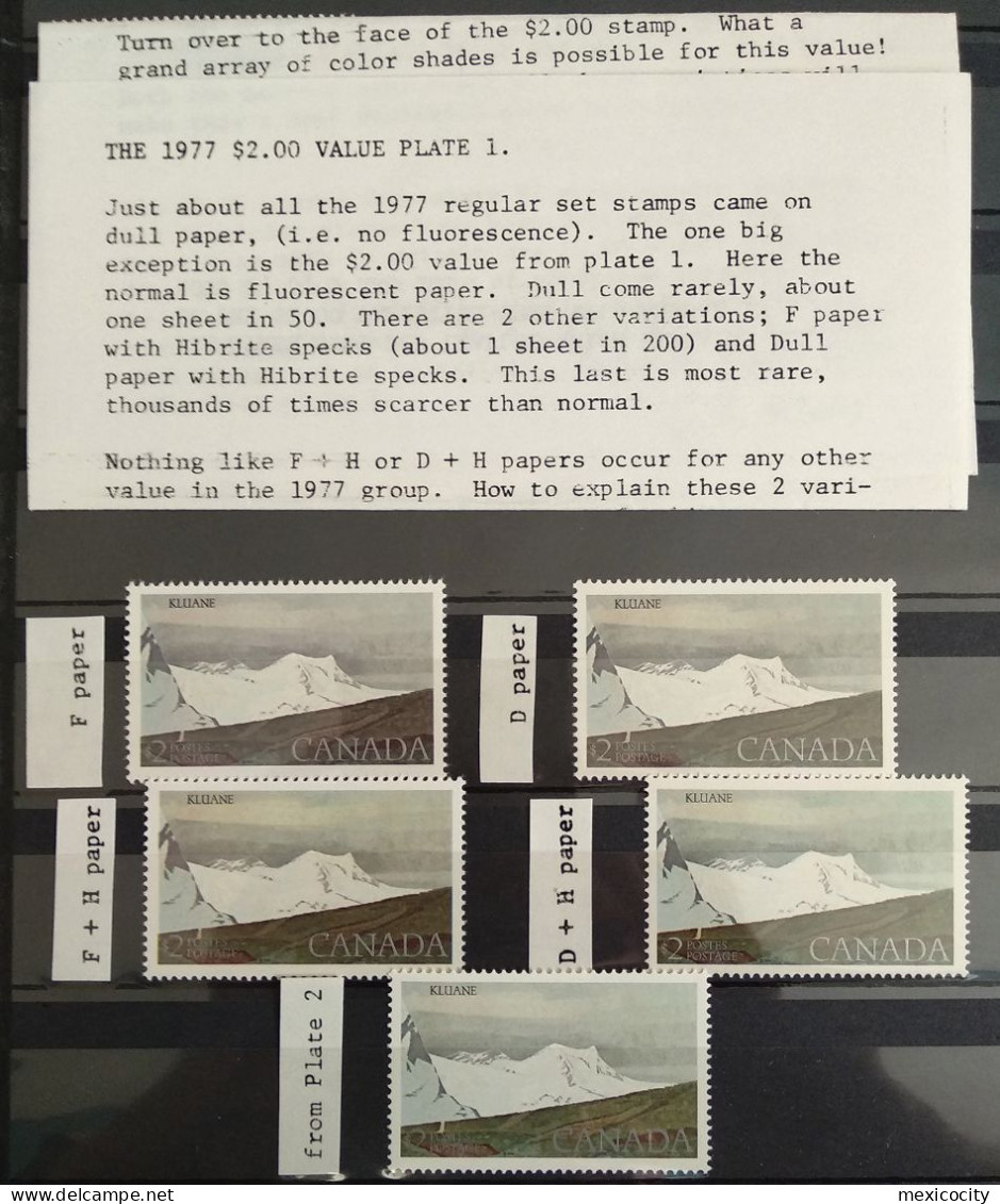 CANADA 1977 $2 KLUANE Plate 1 Set In Dull & Fluorescent Papers + Fluo. Speckled See Img. Mint NH Unmounted Set - Nuovi