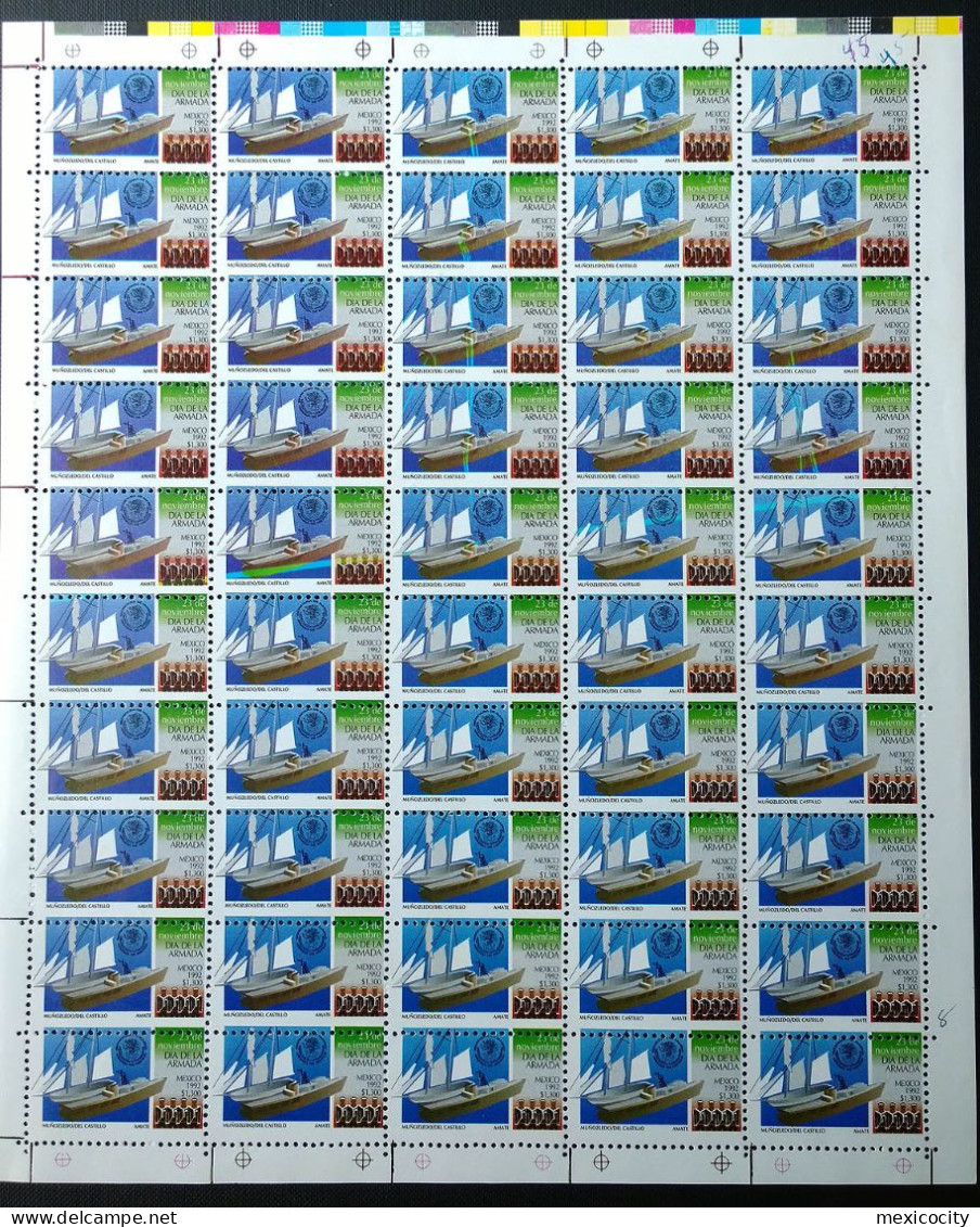 MEXICO 1992 MARINE DAY Issue, Sailship, Warship, Full Pane Misregistered Colors And Perforations, See Img., Mint, Unique - México