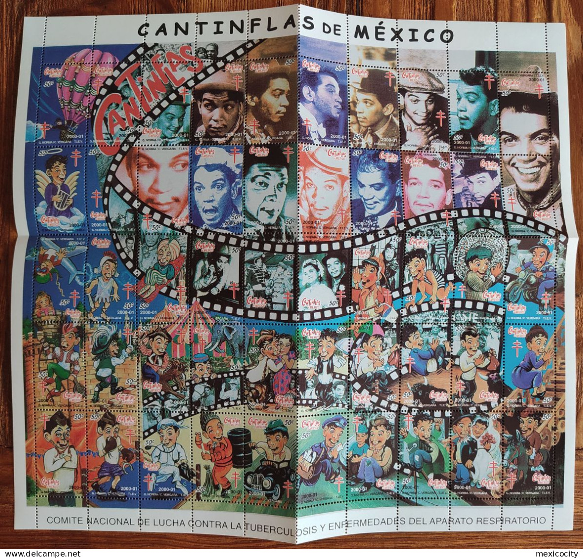 MEXICO - CANTINFLAS Comic & Film Actor - NEATLY FOLDED IN 4 -FULL PANE 50 Diff. Surtax Stamps, Nice & Bargain Priced! - Messico