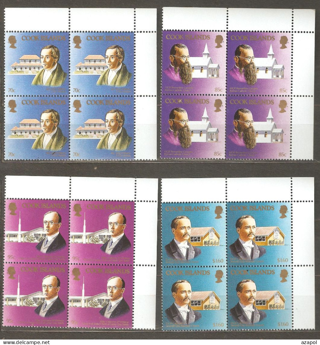 Cook Island: Full Set Of 4 Mint Stamps In Block Of 4, Christianity Missioners, 1990, Mi#1291-4, MNH. - Cook Islands