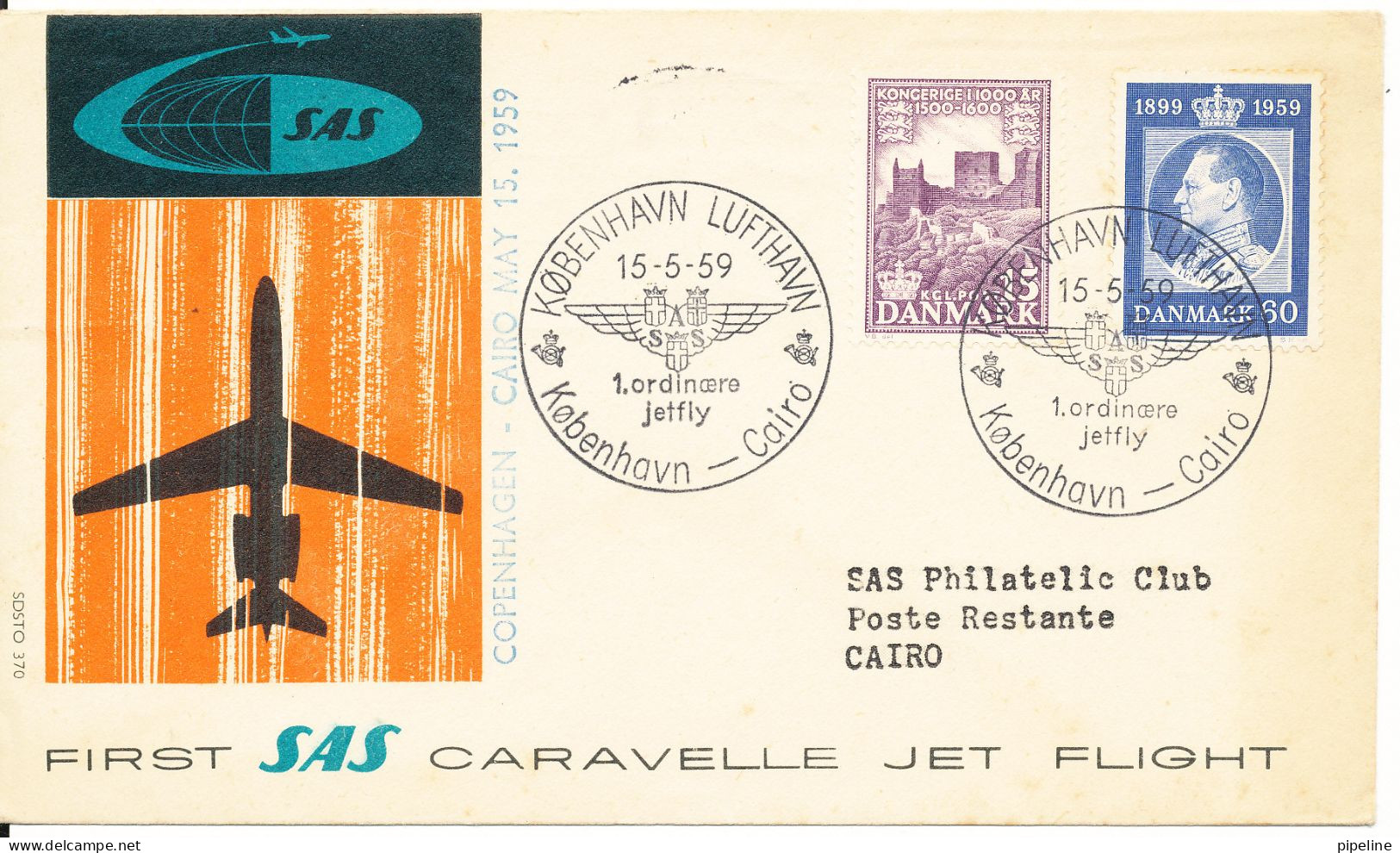 Denmark Cover First SAS Caravelle Jet Flight Copenhagen - Cairo 15-5-1959 - Covers & Documents