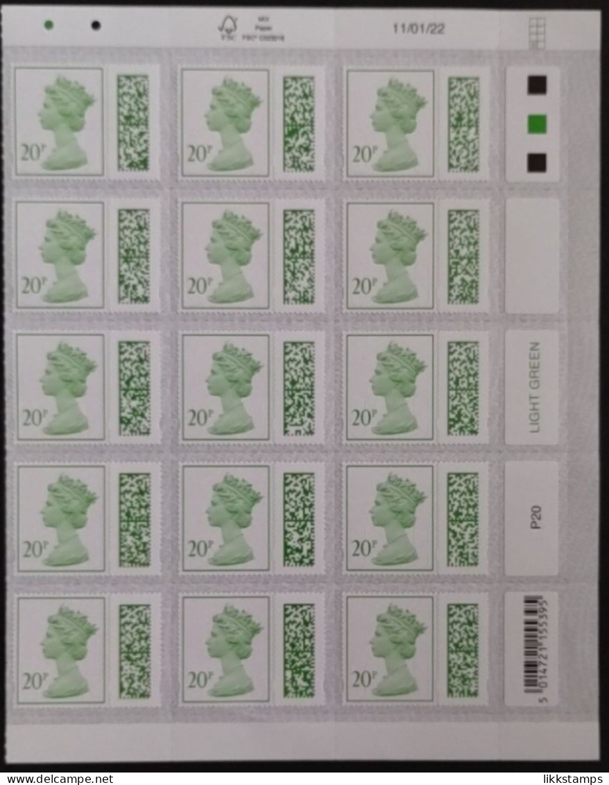 S.G. V4720 ~ 11/01/2022 ~ TRAFFIC LIGHT BLOCK OF 15 X 20p BARCODED MACHIN DEFINITIVES UNFOLDED & NHM #02935 - Série 'Machin'