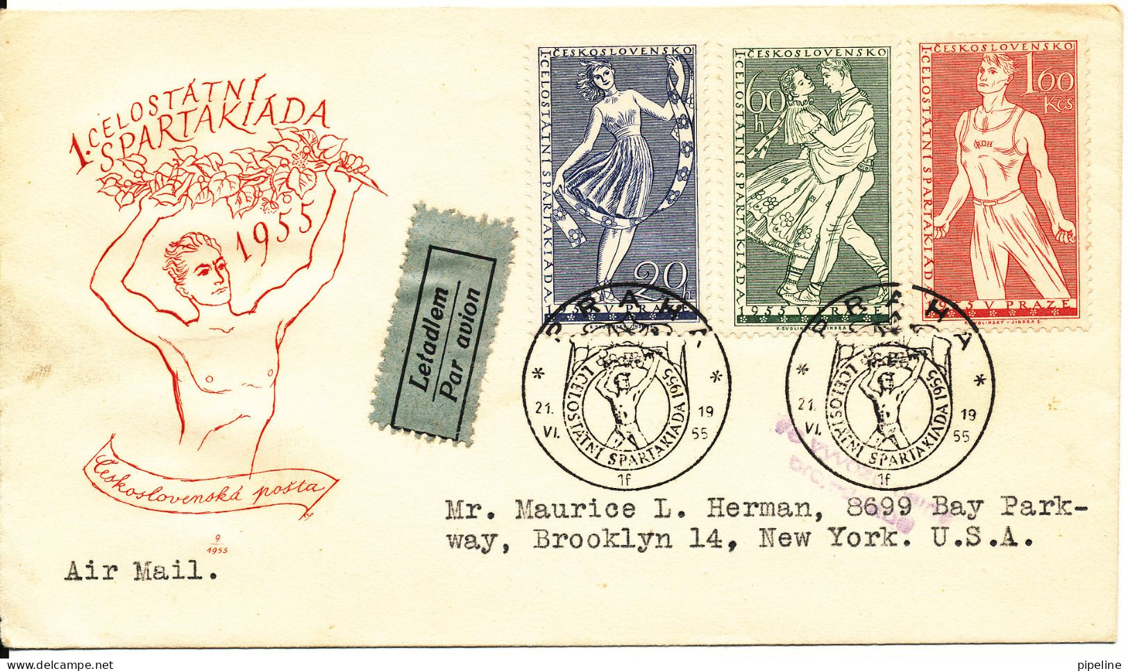 Czechoslovakia FDC 21-6-1955 1st. National Spartakiade Complete Set Of 3 With Cachet Sent To USA - FDC