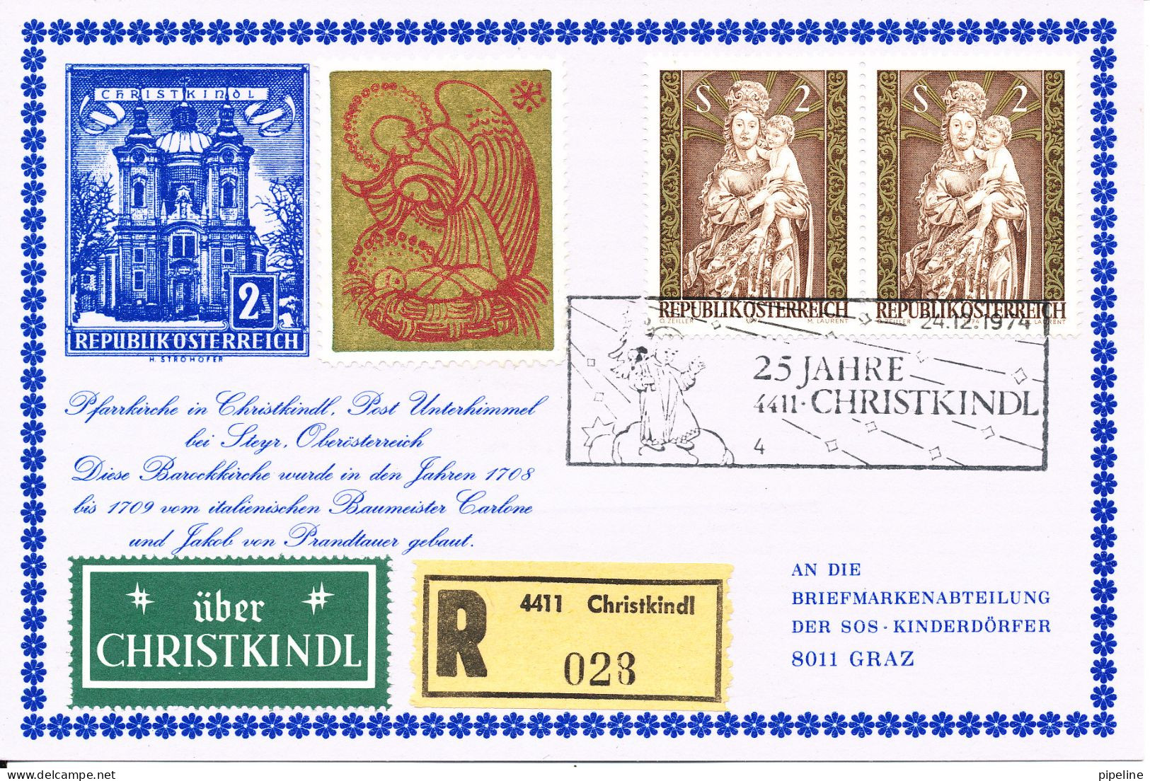 Austria Registered Card Christkindl  24-12-1974 Sent To SOS Kinderdörfer Graz - Storia Postale