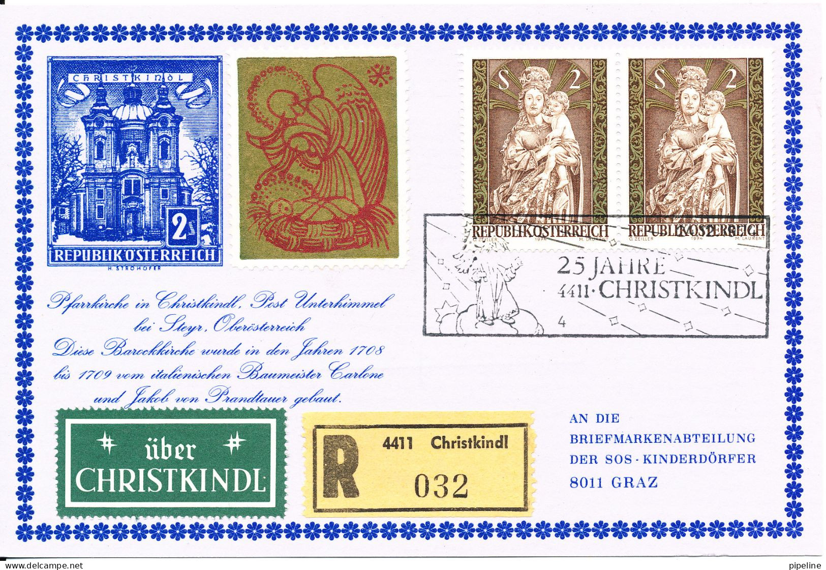 Austria Registered Card Christkindl  24-12-1974 Sent To SOS Kinderdörfer Graz - Briefe U. Dokumente