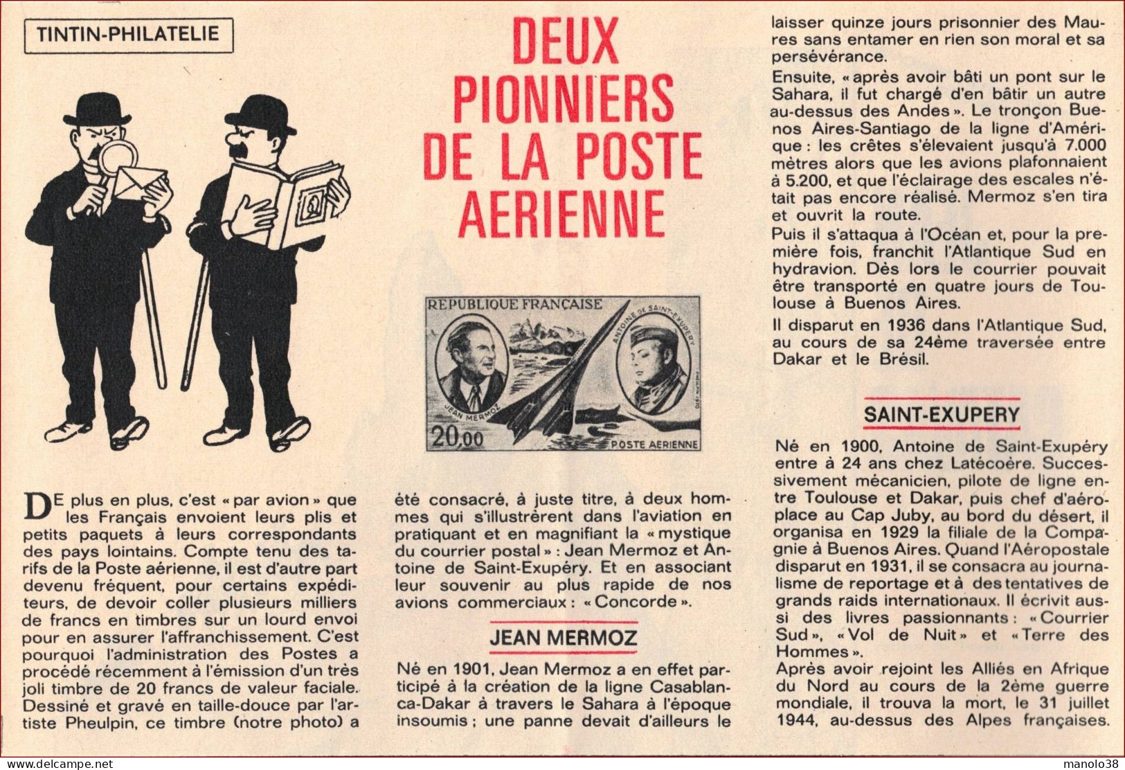 Tintin Philatélie. Présentation Du Timbre Poste Aérienne N°44. Hommage à Jean Mermoz Et Saint Exupéry. 1970. - Documents Historiques