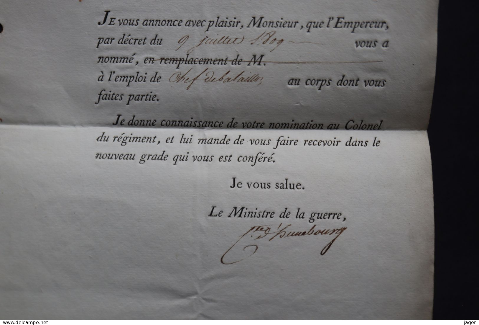 1809 Nomination Du Chef De Bataillon BEAURAIN Autographe Lot 6 - Documents Historiques