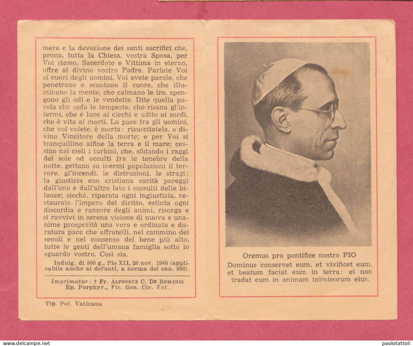 Santino, Holy Card- Pieghevole, Folding Card- Pope Pio XII. Pregheiera Di S.S.Pio XII Durante La Guerra. 26.11.1940- - Devotion Images