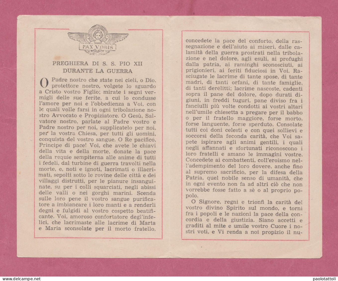 Santino, Holy Card- Pieghevole, Folding Card- Pope Pio XII. Pregheiera Di S.S.Pio XII Durante La Guerra. 26.11.1940- - Images Religieuses