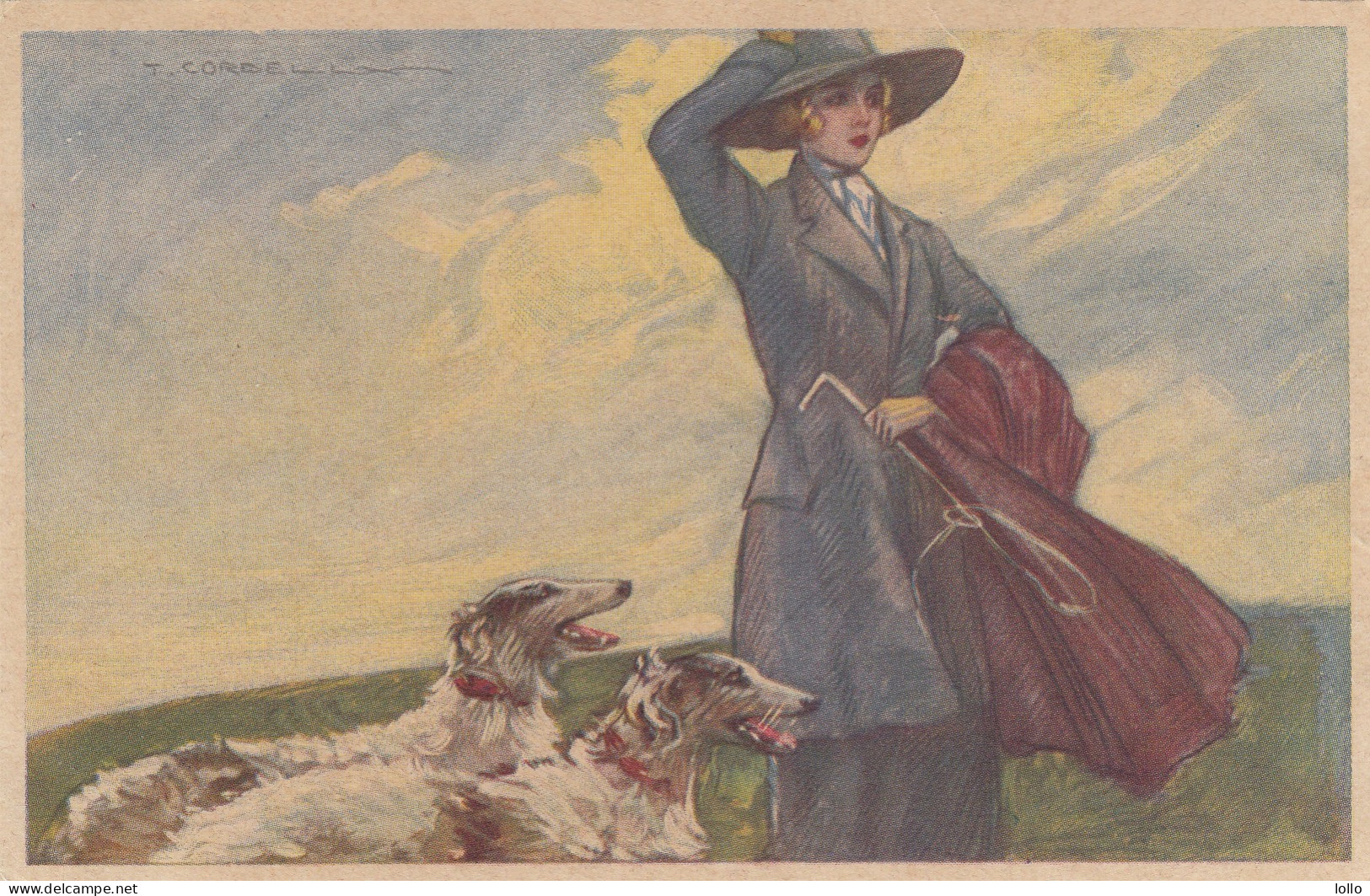 Illustratori  -  Corbella  -  Signora Con  Coppia Di Cani  -  F. Piccolo  -  Scritta  -  Bella - Corbella, T.