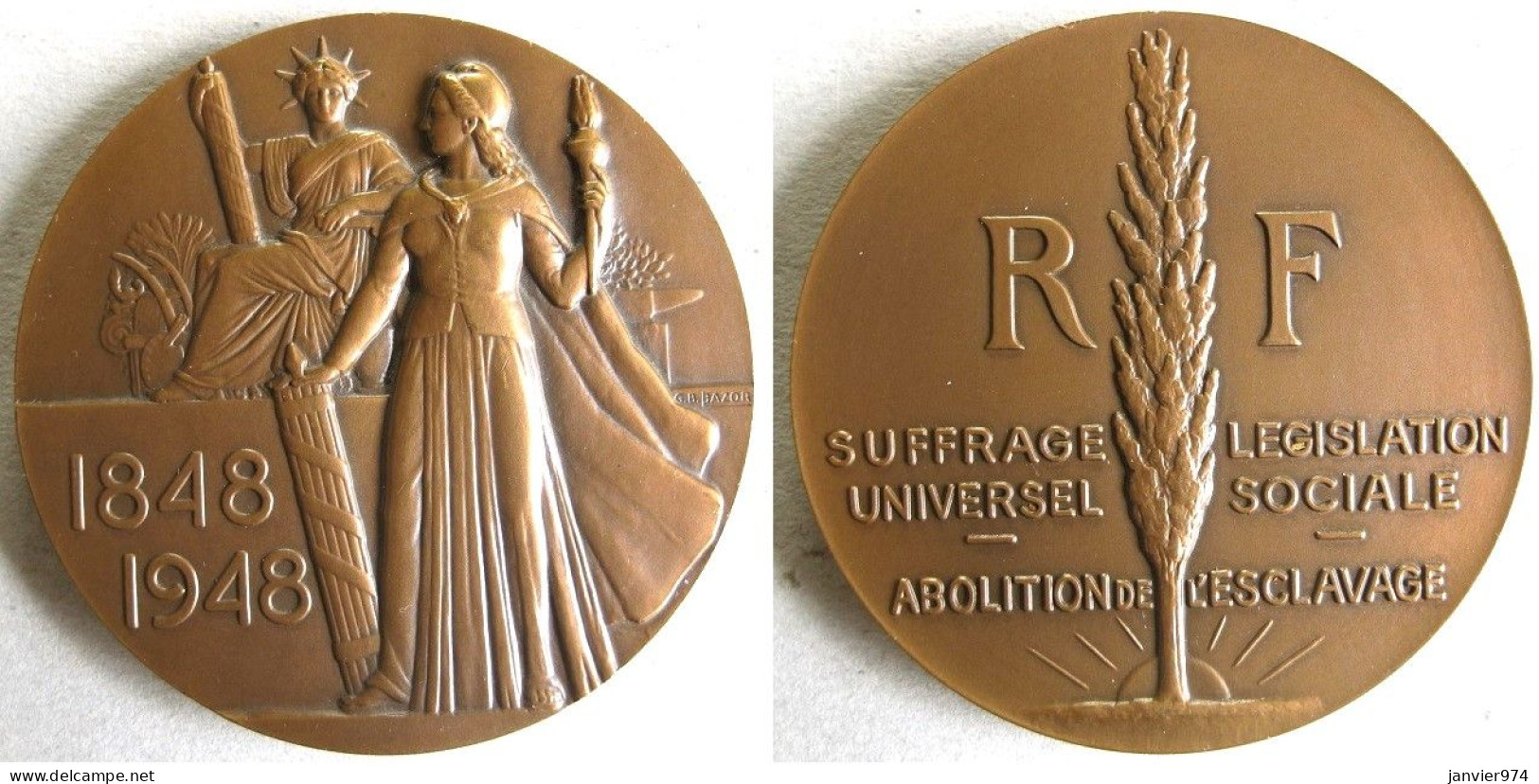 Médaille Bronze Centenaire De La Révolution 1848 1948 ,Abolition De L’Esclavage , Par Bazor - Sonstige & Ohne Zuordnung