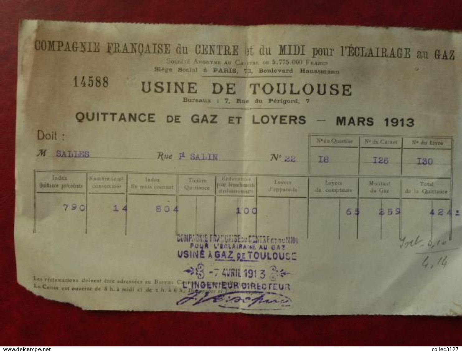 LF1 - Quittance De Gaz Et Loyers - Mars 1913 - Usine De Toulouse (Cie Fse Du Centre Et Du Midi Pour L'eclairage Au Gaz) - 1900 – 1949