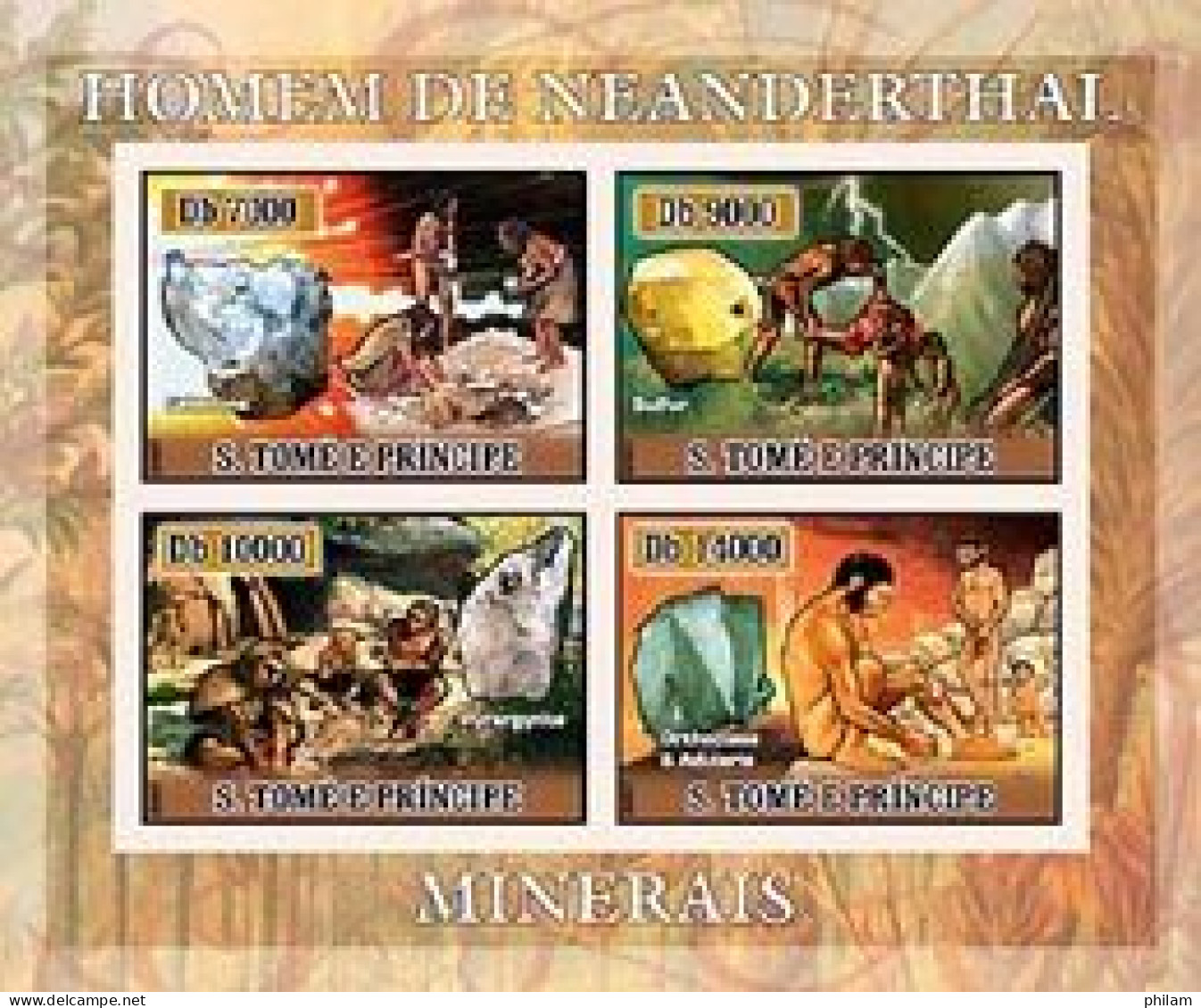 S.TOME E PRINCIPE 2007 - Homme  De Néanderthal - 4 V. En Feuillet - Minerals