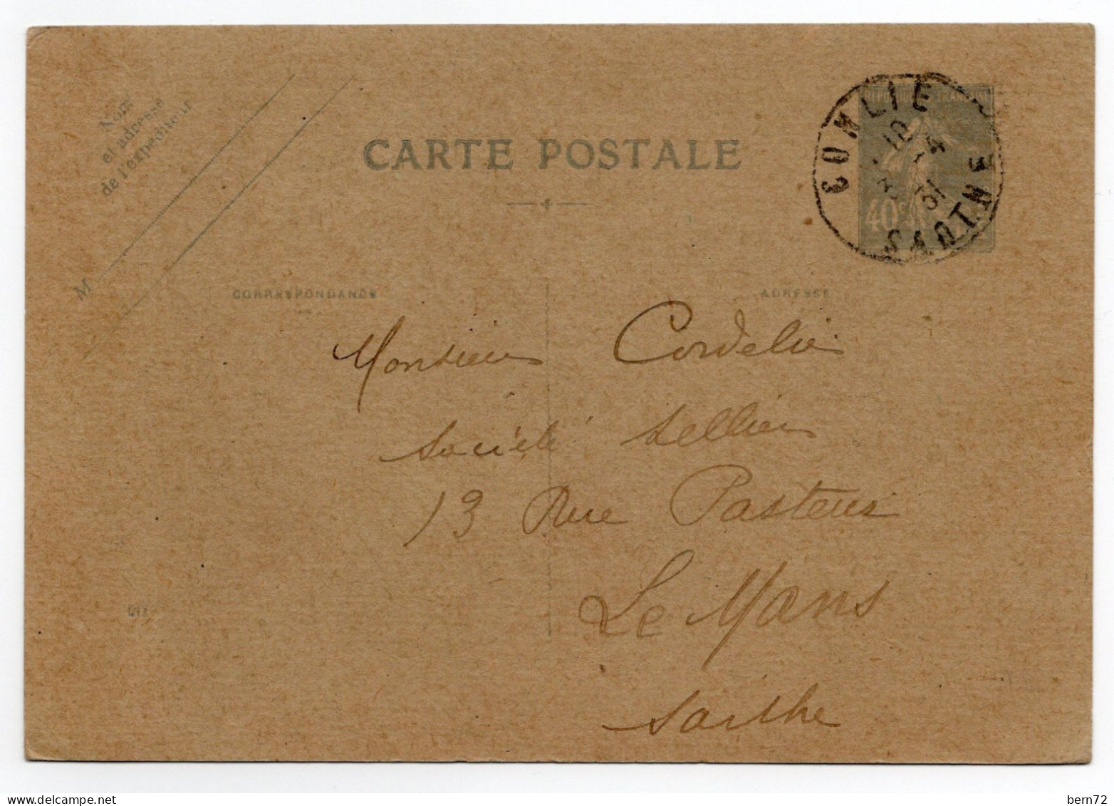 SARTHE - CONLIE Le 3 Avril 1931 - Cachet Type A4 Sur Entier Postal - 1921-1960: Modern Tijdperk