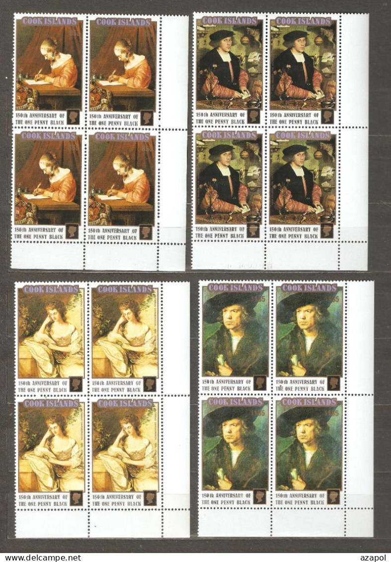 Cook Islands: Full Set 4 Mint Stamps In Block Of 4, Paintings - Philatelic Exhibition, 1990, Mi#1299-1302, MNH. - Cookeilanden