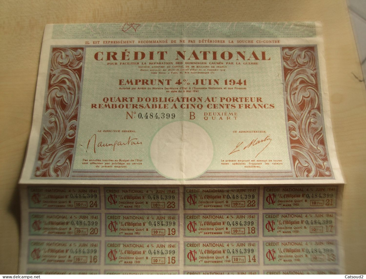 ANCIEN EMPRUNT 1941 CREDIT NATIONAL - Autres & Non Classés