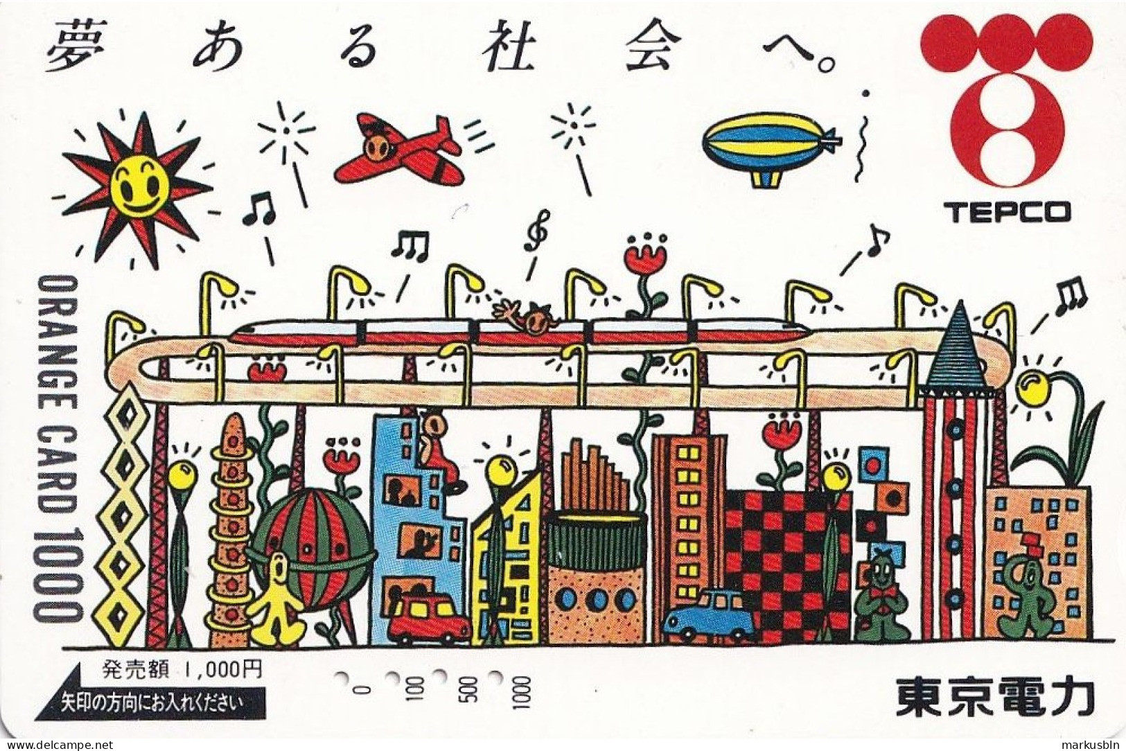 Japan Prepaid Orange Card 1000 - Drawing Tepco Sun Airplane Zeppelin Flowers Skyline Art - Japón