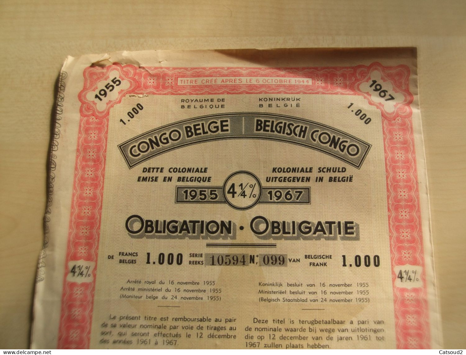 Ancienne Obligation 1955 CONGO BELGE - Sonstige & Ohne Zuordnung