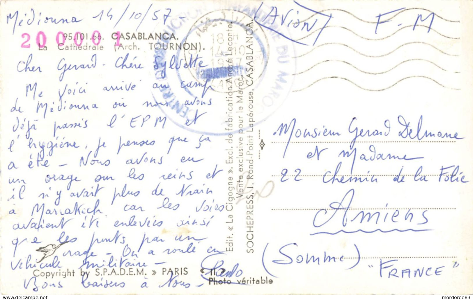 CPSM FM AVION CASABLANCA 14/10/1957 CACHET CENTRE D'INSTRUCTION D'INFANTERIE DU MAROC POUR AMIENS - Briefe U. Dokumente