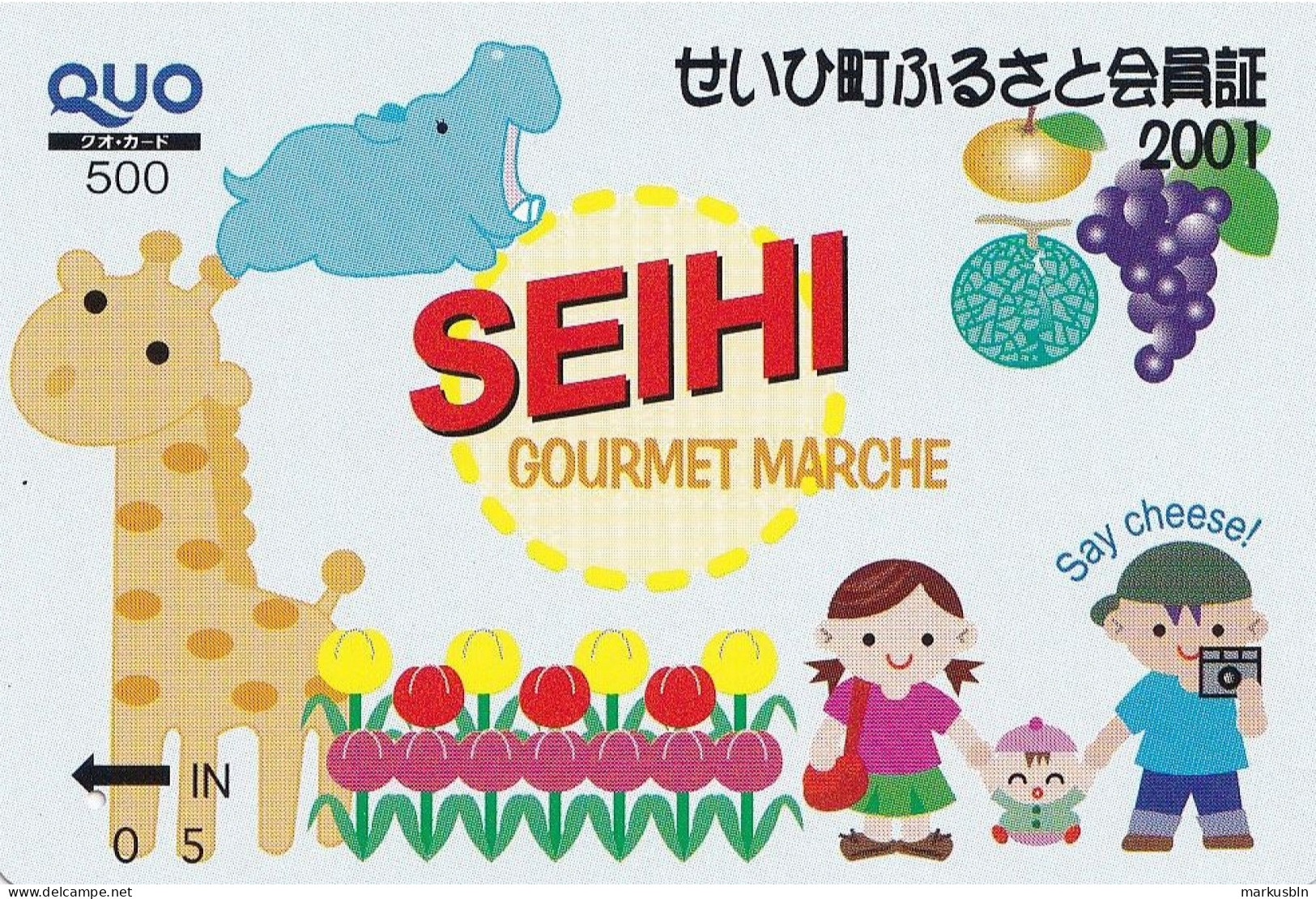 Japan Prepaid Quo Card 500 - Seishi Gourmet Marche Drawing Hippo Giraffe Flowers Family Fruits - Japón
