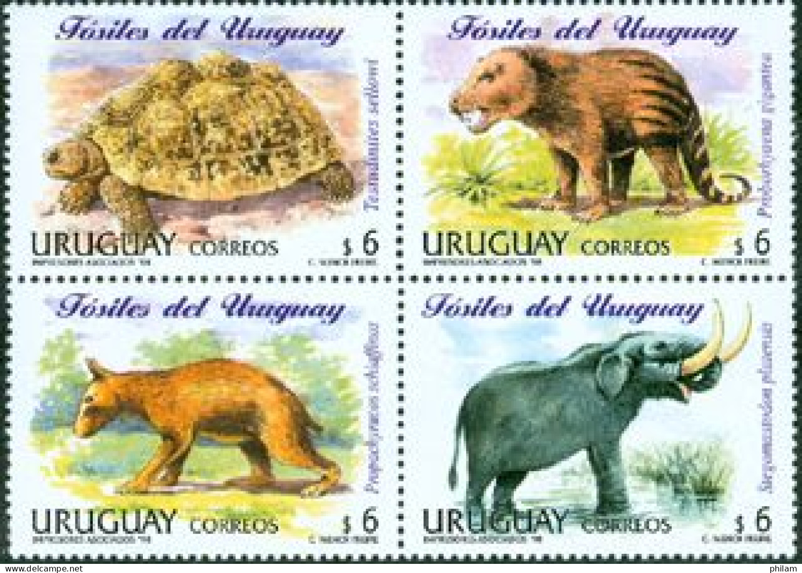 URUGUAY 1998 - Fossiles - Tortue - Eléphant - Se-tenant. - Fósiles