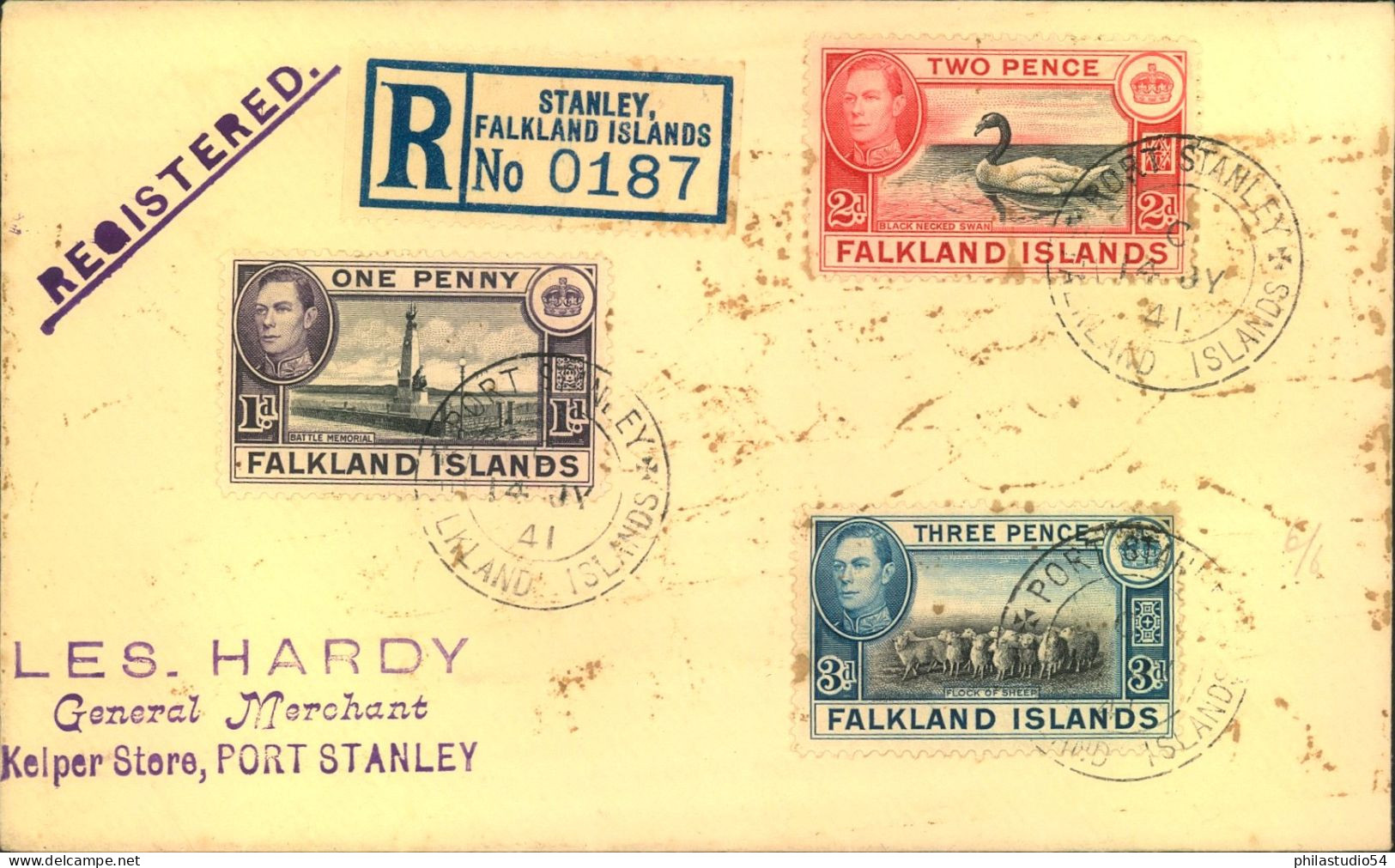 1938, 3 Values Edward VIII On Registered Cover From, Port Stamley - Falkland