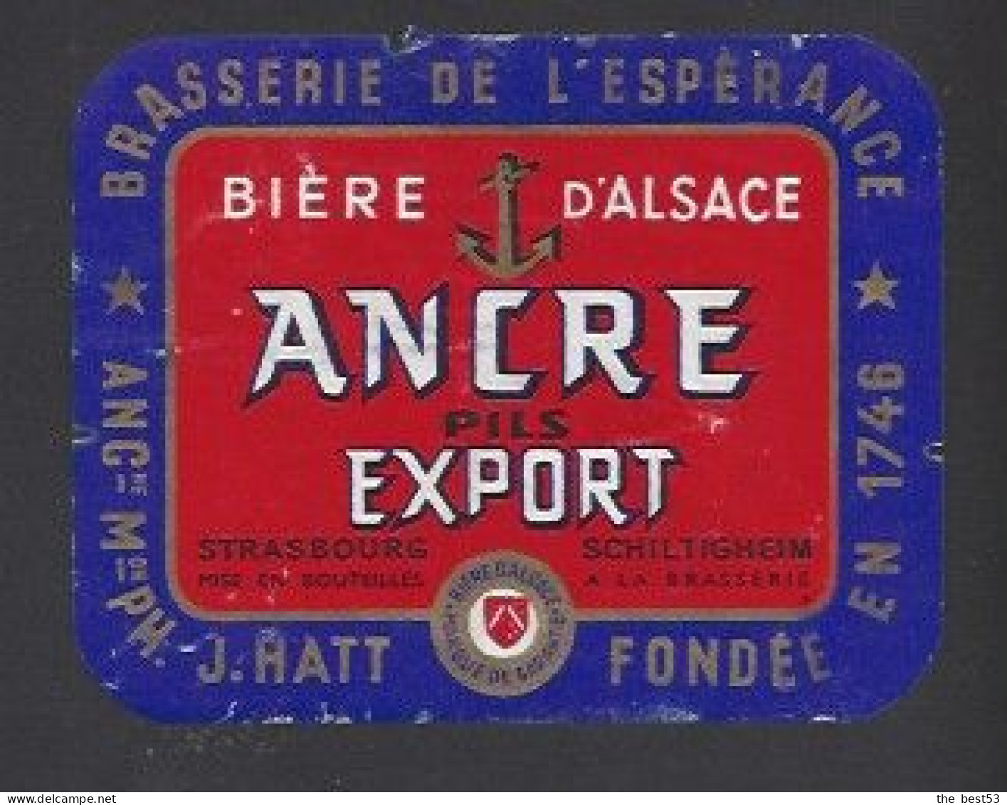 Etiquette De Bière Export   -  Ancre  -   Brasserie De L'Espérance  à Strasbourg /Schiltigheim  (67) - Bier