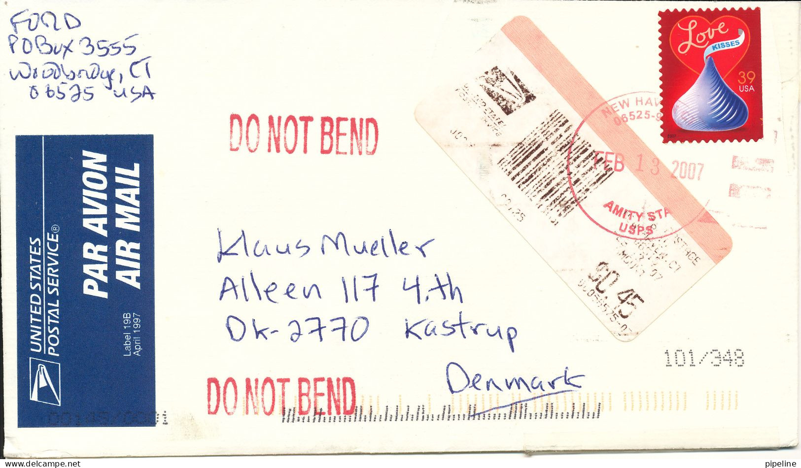 USA Registered Cover Sent To Denmark 13-2-2007 Single Franked LOVE Stamp - Briefe U. Dokumente