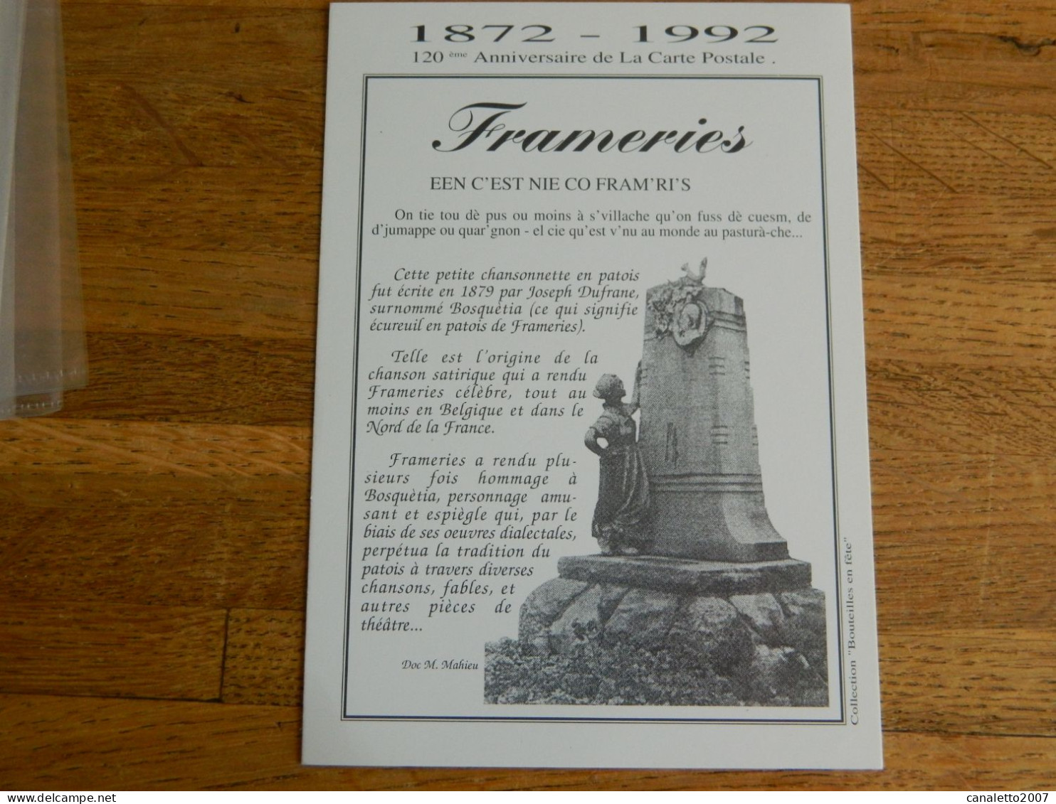 FRAMERIES: CARTE DE L'HISTOIRE DE FRAMERIES -LE MONUMENT JOSEPH DUFRANE - Frameries