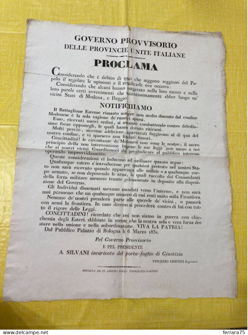 MANIFESTO GOVERNO PROVVISORIO MOTI RIVOLUZIONARI BATTAGLIONE ESTENSE 1831. - Historical Documents