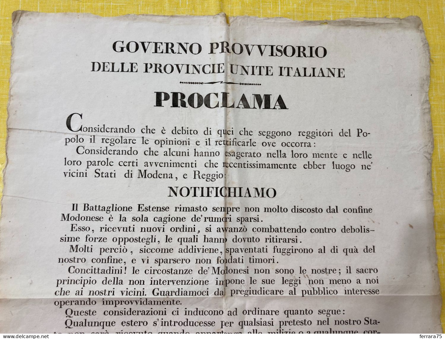 MANIFESTO GOVERNO PROVVISORIO MOTI RIVOLUZIONARI BATTAGLIONE ESTENSE 1831. - Historical Documents