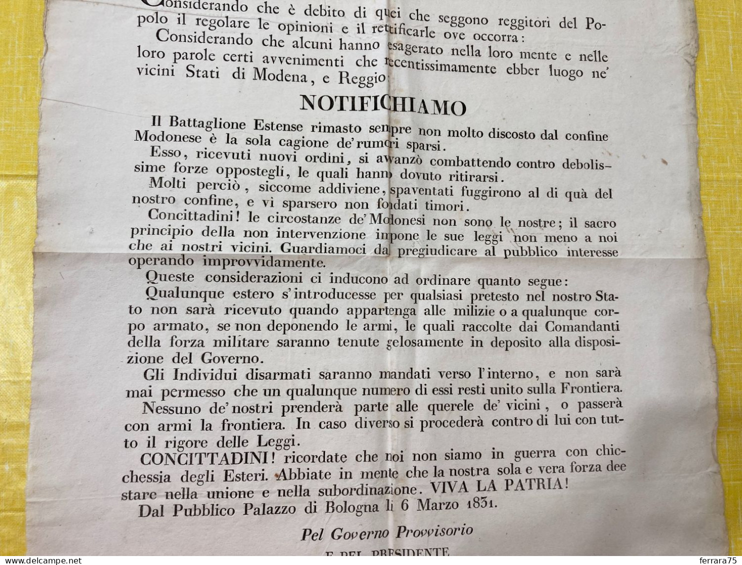 MANIFESTO GOVERNO PROVVISORIO MOTI RIVOLUZIONARI BATTAGLIONE ESTENSE 1831. - Historical Documents