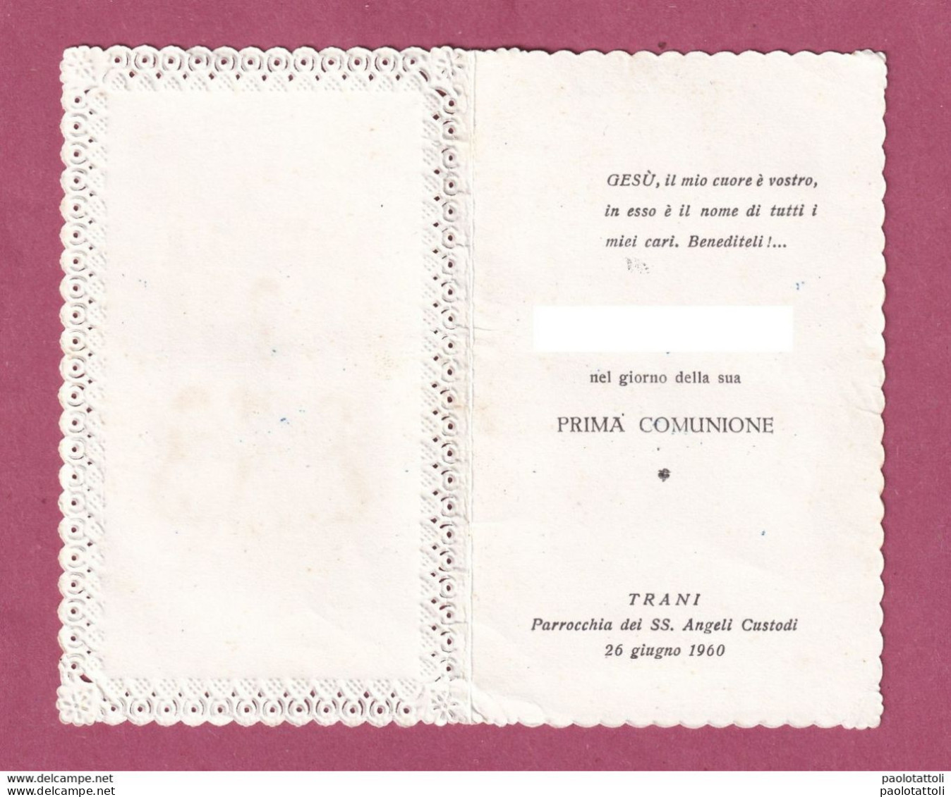 Folder Card First Communion. Ricordo Della Prima Comunione. Trani 26.06.1960- - Communie