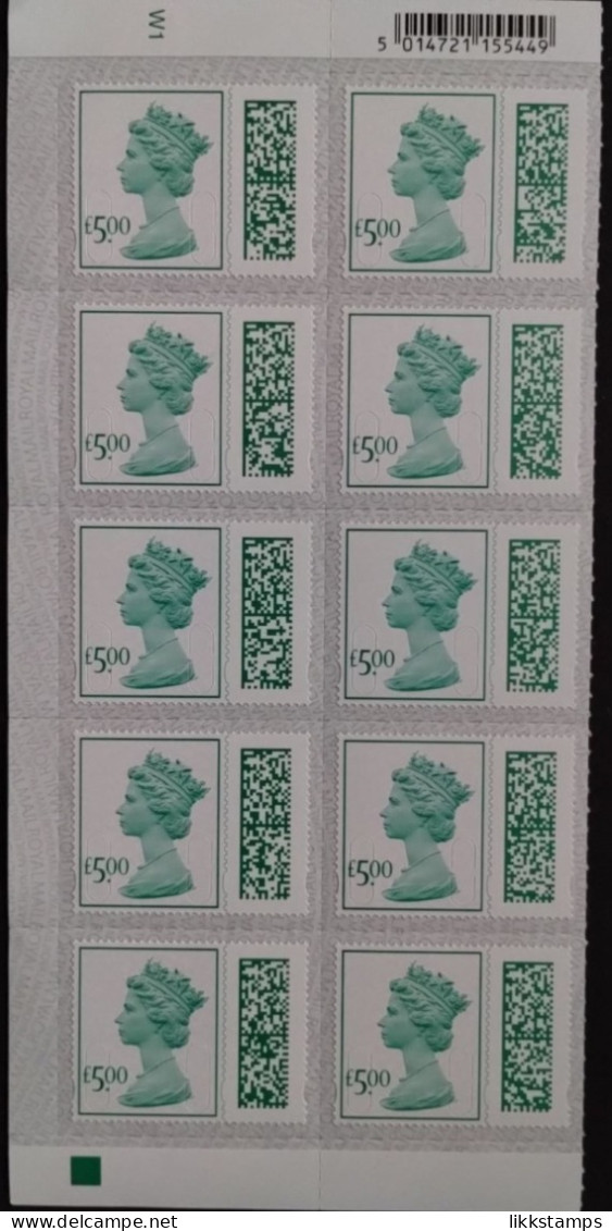 S.G.V4840~CYLINDER BLOCK OF 10 X £5.00p NEW BARCODED  MACHIN DEFINITIVE UNFOLDED & NHM #02937 - Machins