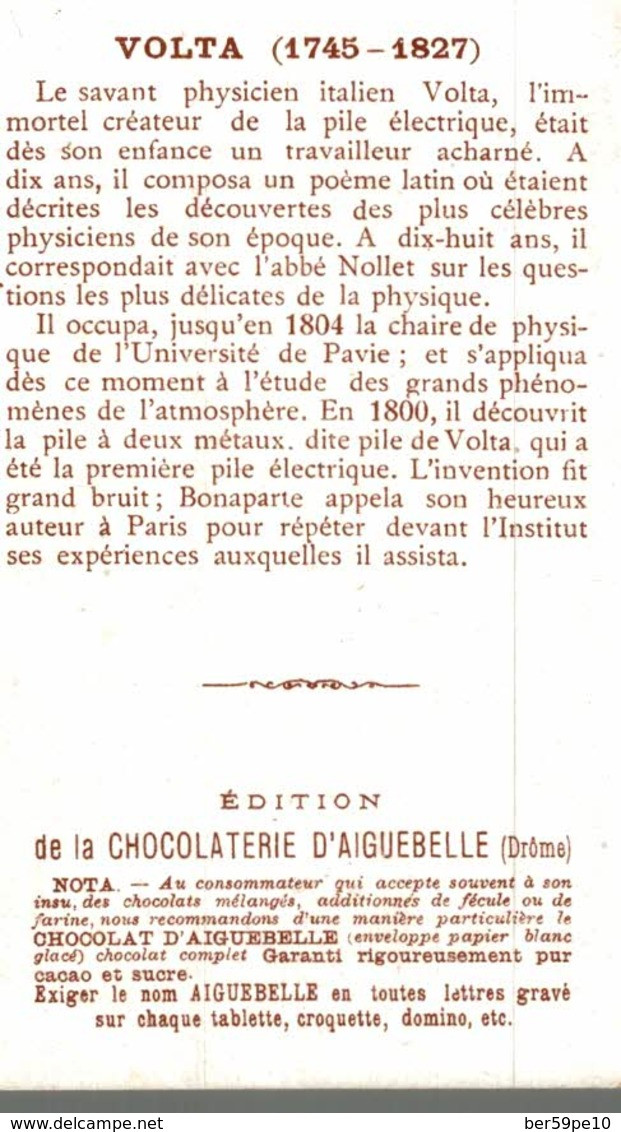 CHROMO CHOCOLAT D'AIGUEBELLE LES HEROS DU TRAVAIL  A. VOLTA - Aiguebelle