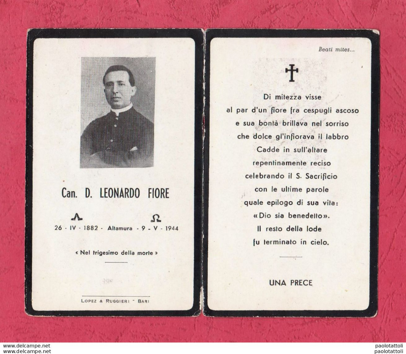 Luttino- Can. D. Leonardo Fiore, Altamura 9.5.1944. Pieghevole. Ed. Eli N.712. Dim. 115x 70mm. - Obituary Notices