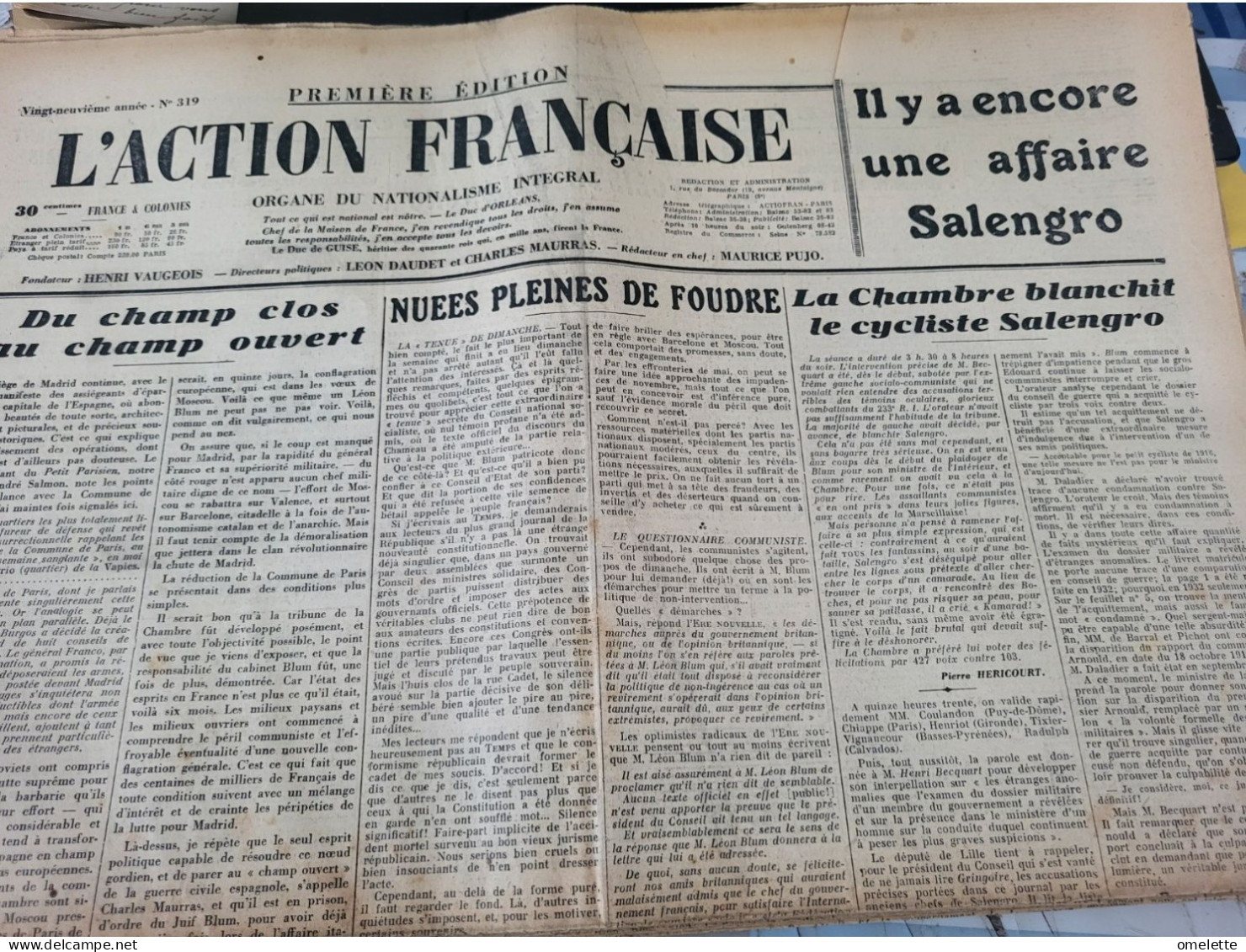 ACTION FRANCAISE 36/MAURRAS DAUDET /AFFAIRE SALENGRO / ESPAGNE GUERRE CIVILE - Sonstige & Ohne Zuordnung