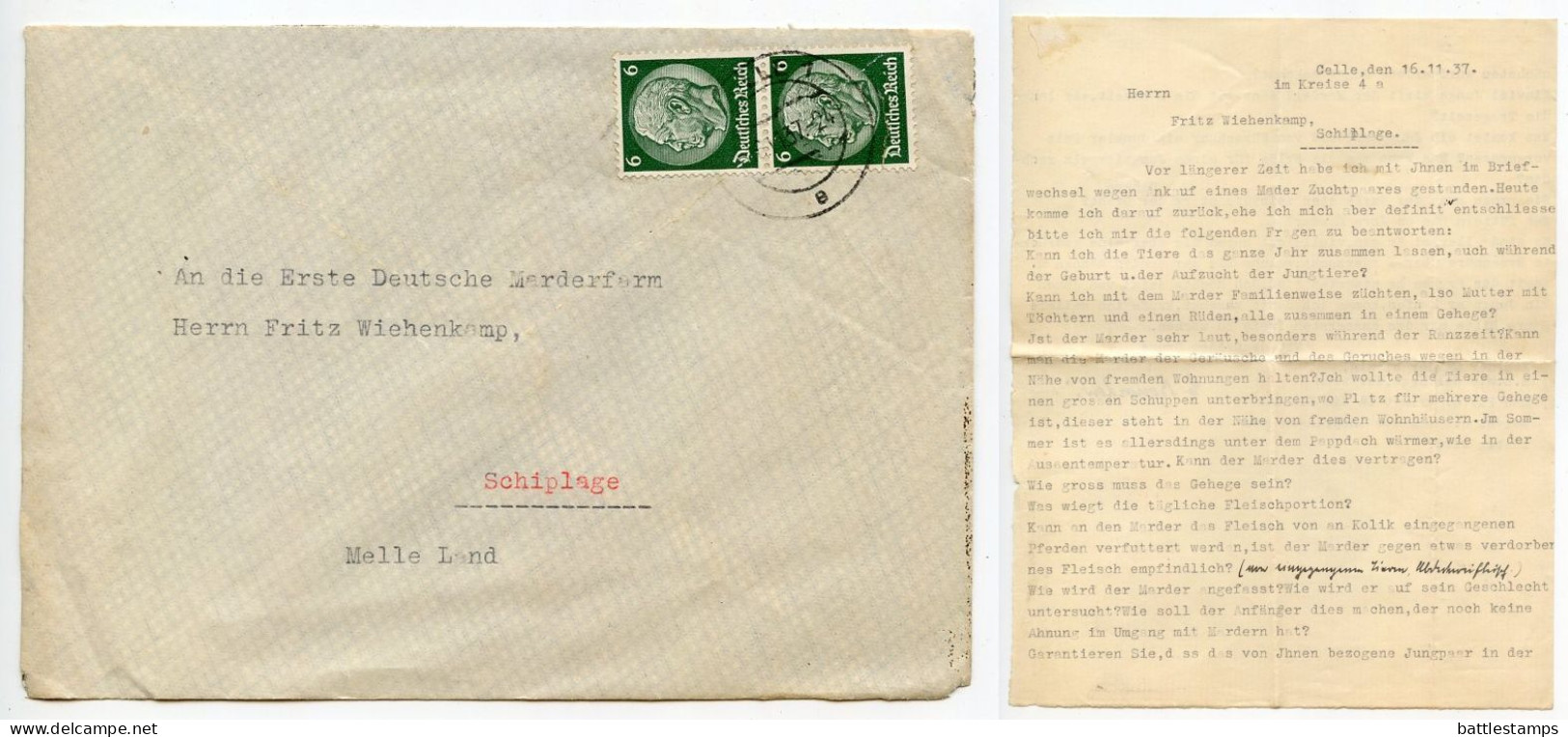 Germany 1937 Cover & Letter; Celle - C. Bonorden, Edelpelztierfarm Freilandzucht Der Nutria To Schiplage; 6pf Hindenburg - Lettres & Documents