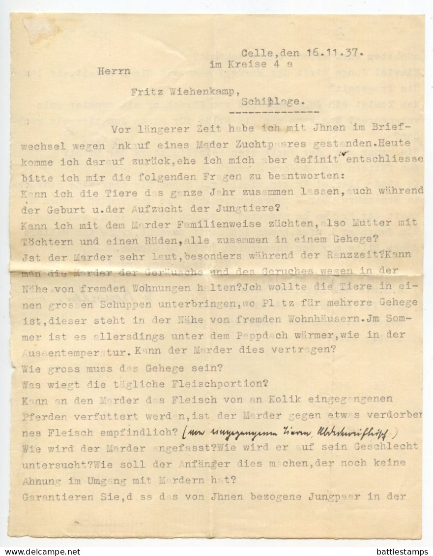Germany 1937 Cover & Letter; Celle - C. Bonorden, Edelpelztierfarm Freilandzucht Der Nutria To Schiplage; 6pf Hindenburg - Briefe U. Dokumente