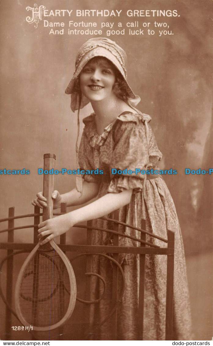 R095865 Hearty Birthday Greetings. Woman And Tennis Racquet. RP - Monde